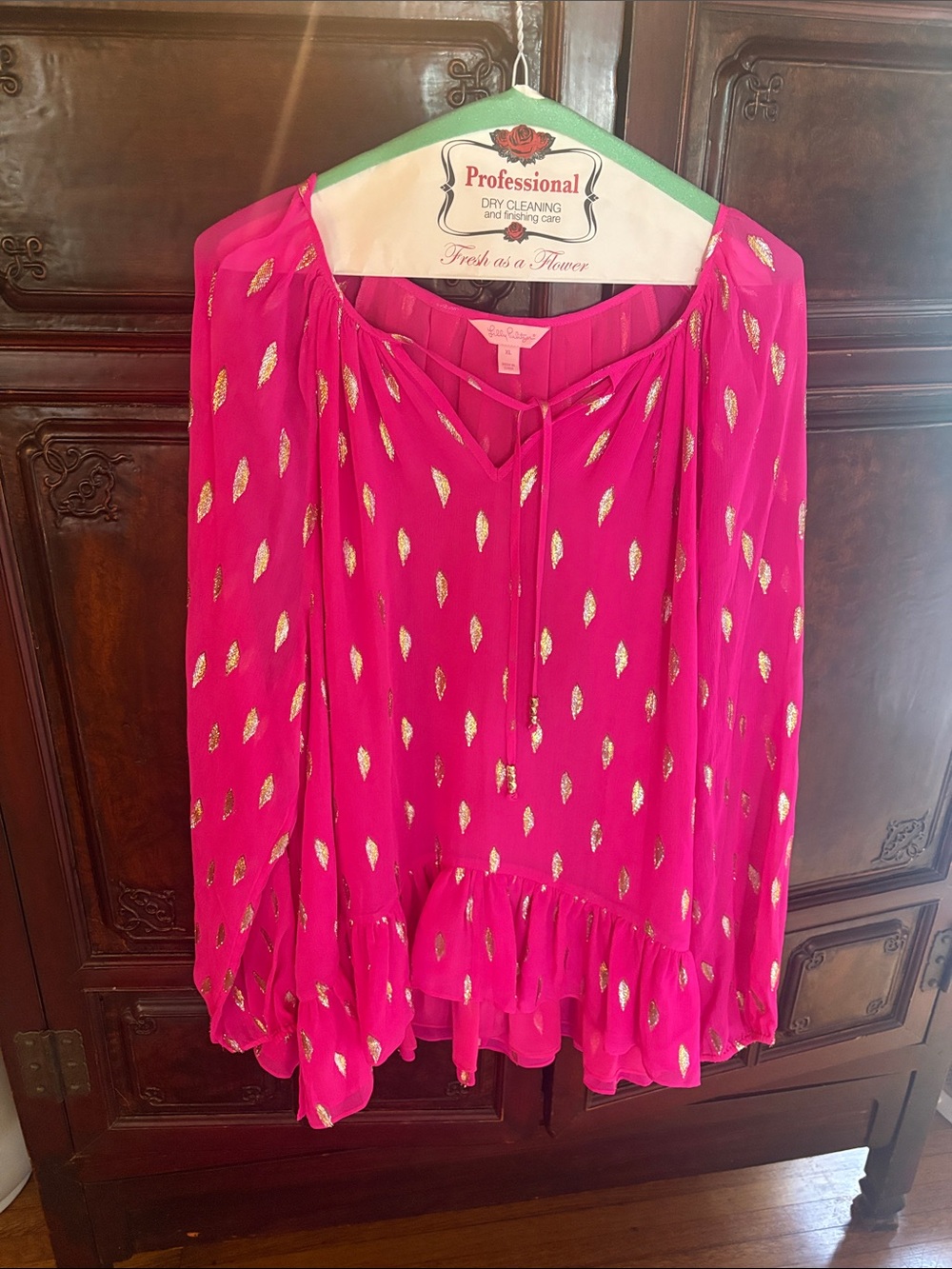 Lilly Pulitzer Hot Pink Blouse with Gold Foil Motif